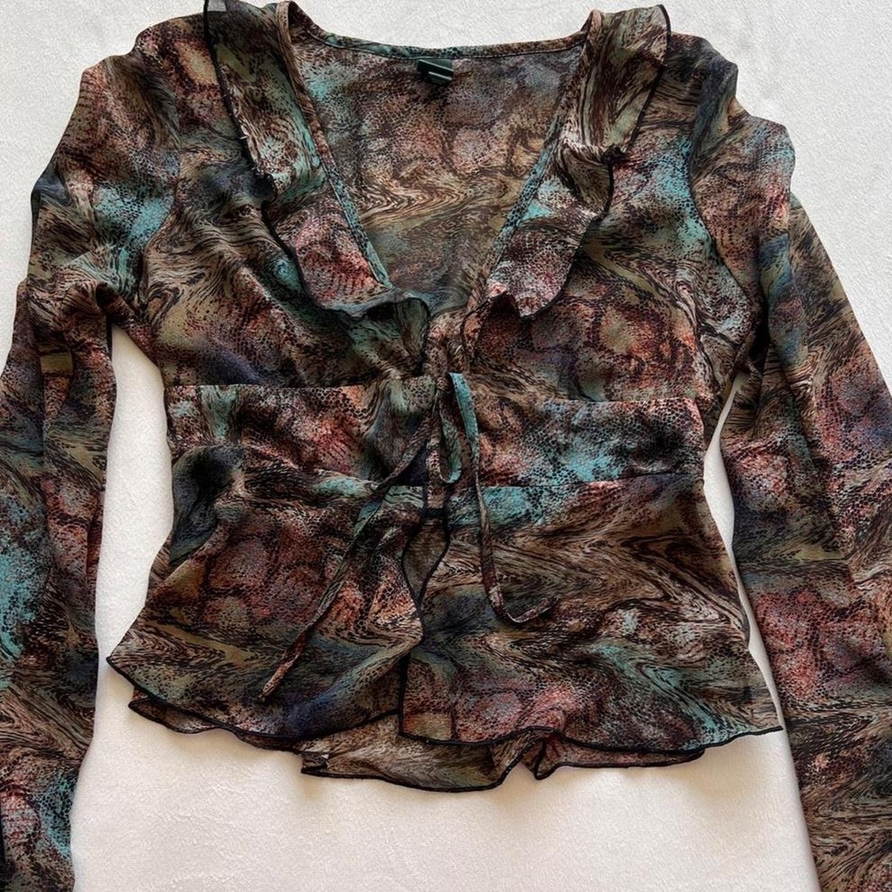 Y2K Ruffle Sheer Brown Teal Abstract Swirl Tie Front Feminine Blouse Top